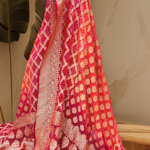 Strawberry Orange Bandhani Khaddi Georgette Handloom Banarasi Dupatta