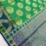 Sea Green Cotton Chek Silk Jari Skirt Border Pallu Boota Handloom Banarasi Saree