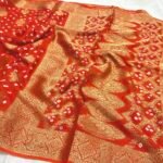Orange Bandhani Soft Silk Handloom Jari Border Pallu Boota Saree