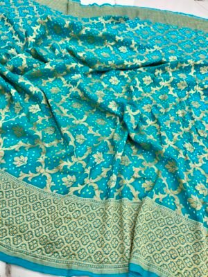 Royal Shaded Banarasi Khaddi Georgette Bandhani Lehenga with Dupatta & Blouse, soft fabric and elegant design. Perfect for weddings & festive wear.