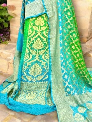 Royal Shaded Banarasi Khaddi Georgette Bandhani Lehenga with Dupatta & Blouse, soft fabric and elegant design. Perfect for weddings & festive wear.