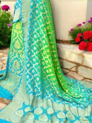 Royal Shaded Banarasi Khaddi Georgette Bandhani Lehenga with Dupatta & Blouse, soft fabric and elegant design. Perfect for weddings & festive wear.