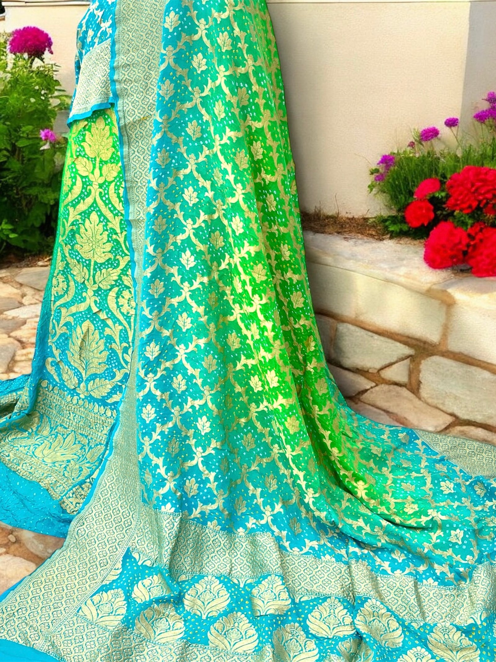 Lahenga Royal Shaded Banarasi Khaddi Georgette Bandhani Lehenga with Dupatta & Blouse, soft fabric and elegant design. Perfect for weddings & festive wear.
