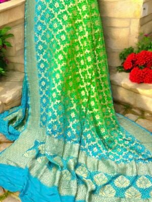 Royal Shaded Banarasi Khaddi Georgette Bandhani Lehenga with Dupatta & Blouse, soft fabric and elegant design. Perfect for weddings & festive wear.