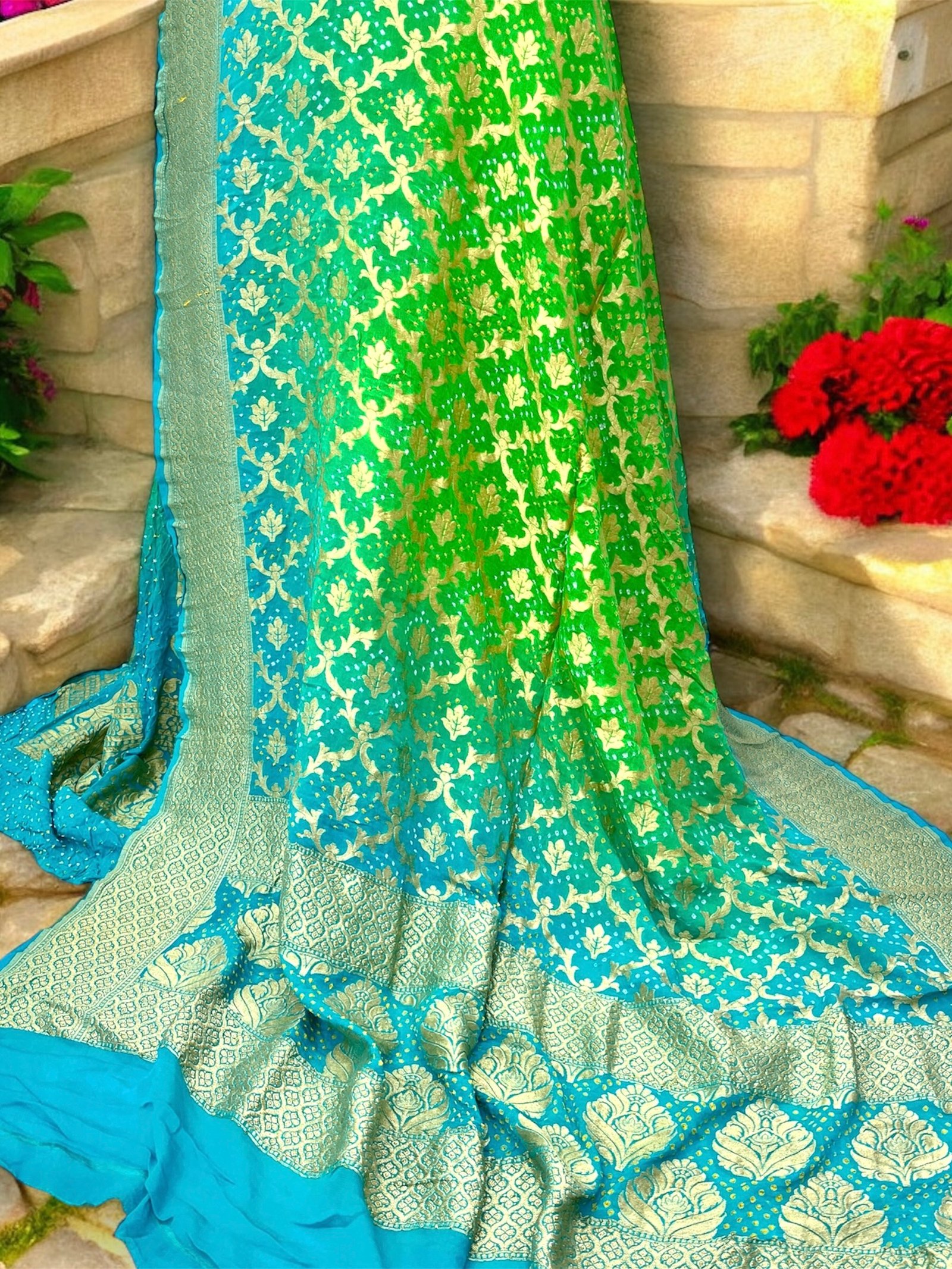 Dupatta Royal Shaded Banarasi Khaddi Georgette Bandhani Lehenga with Dupatta & Blouse, soft fabric and elegant design. Perfect for weddings & festive wear.