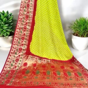 Red & Yellow-Green Banarasi Alfi Kanjivaram Silk Bandhani Saree