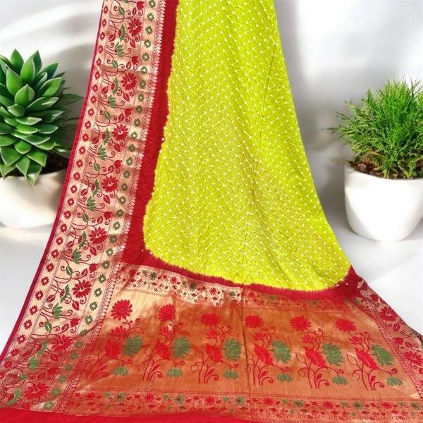 Red & Yellow-Green Banarasi Alfi Kanjivaram Silk Bandhani Saree