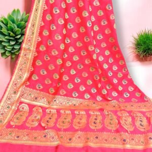 Peach Banarasi Dupion Silk Saree – Timeless Traditional Bridal Elegance with stone