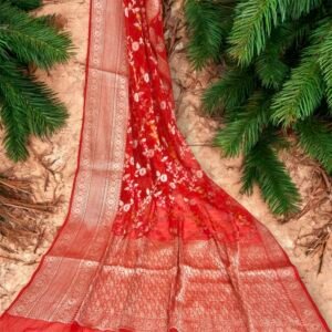 Red Designer Semi Georgette Silk Banarasi Saree