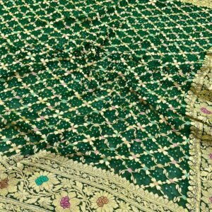 Green Banarasi Khaddi Georgette Meena Bandhani Saree
