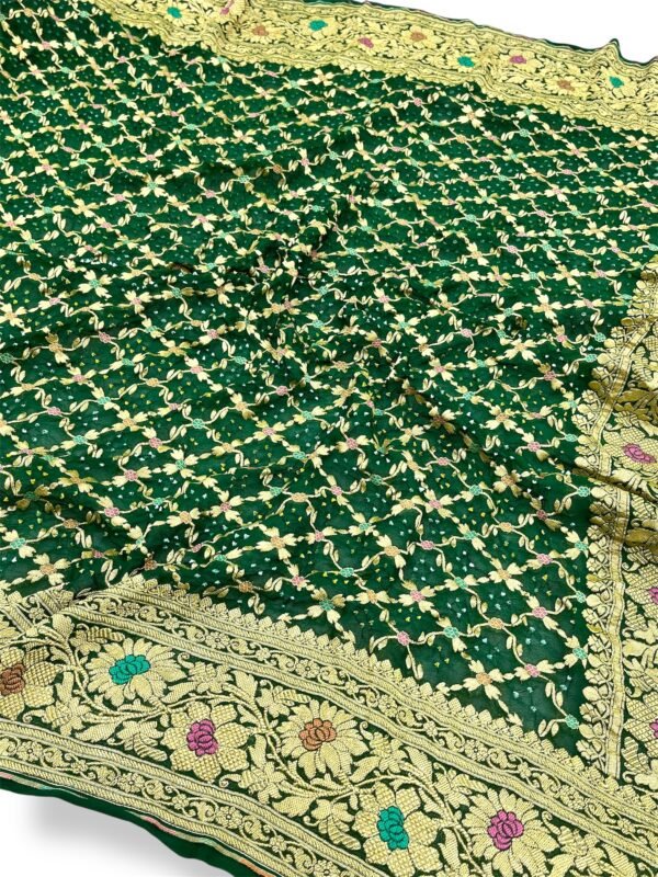 Green Banarasi Khaddi Georgette Meena Bandhani Saree