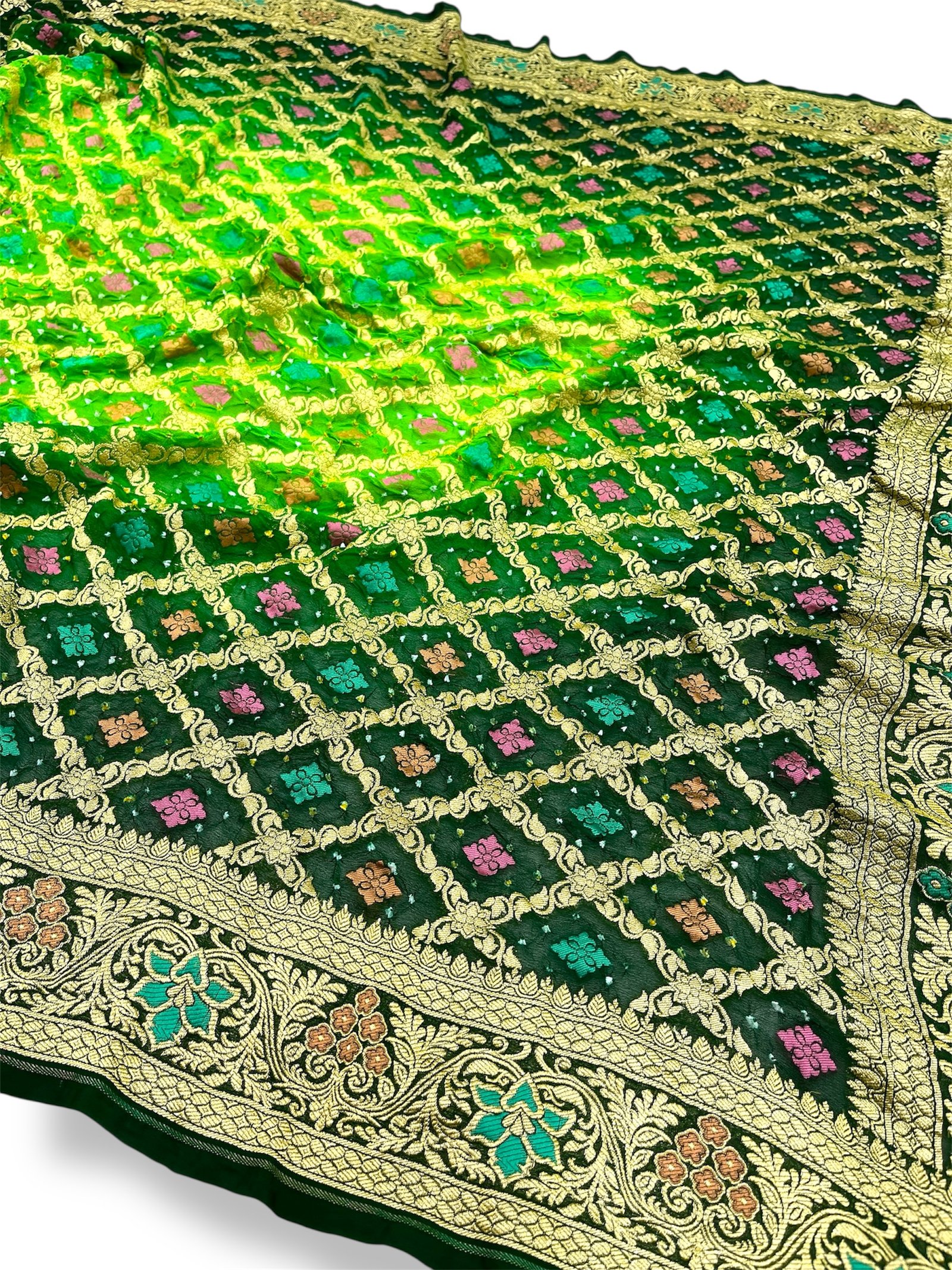 Green Banarasi Khaddi Georgette Meena Bandhani Saree