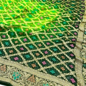 Green Banarasi Khaddi Georgette Meena Bandhani Saree