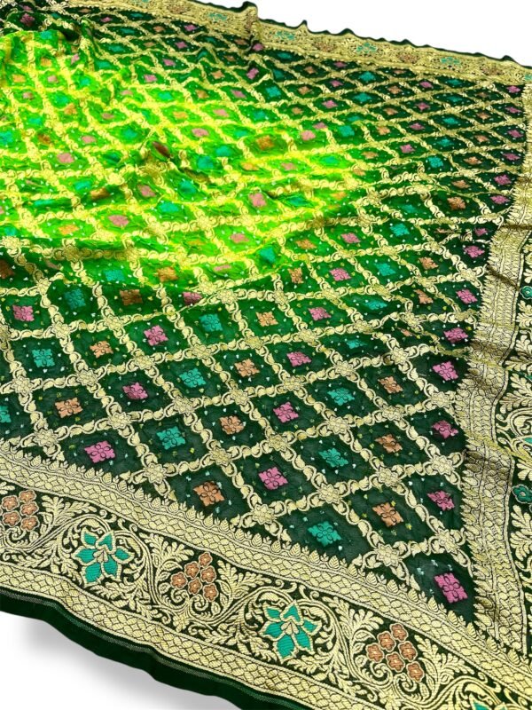 Green Banarasi Khaddi Georgette Meena Bandhani Saree