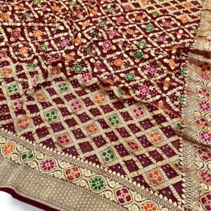 Maroon Banarasi Khaddi Georgette Meena Bandhani Saree