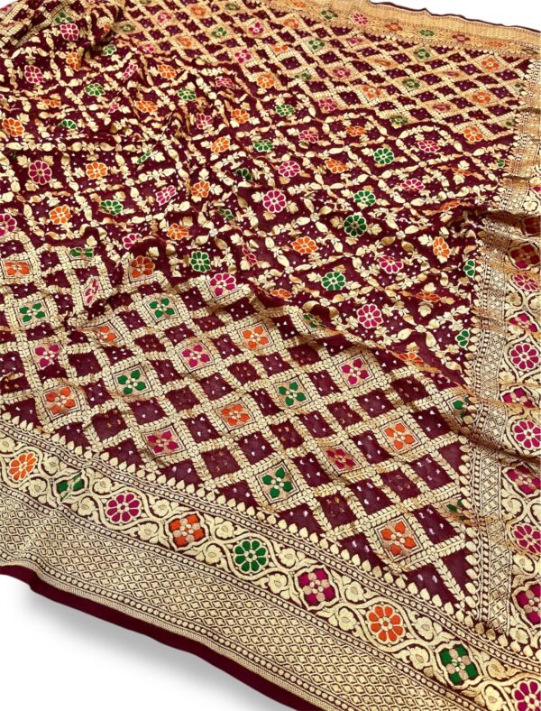 Maroon Banarasi Khaddi Georgette Meena Bandhani Saree