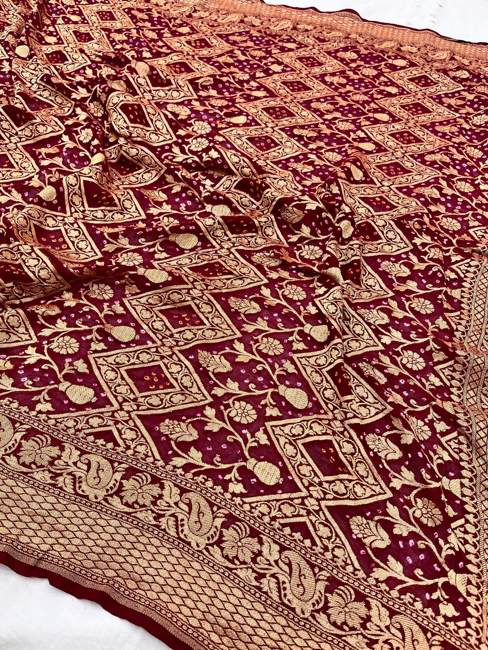 Maroon Banarasi Khaddi Georgette Bandhani Saree